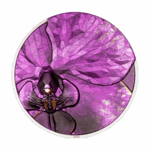 Fronte della moneta da collezione "Orchid Bionics" Italpreziosi in argento con raffigurazione in primo piano di un'orchidea viola in stile geometrico low-poly. I petali superiori presentano una texture faccettata con riflessi dorati, mentre il labello centrale è rifinito in viola scuro e bronzo. Anno 2026 inciso sul bordo inferiore.