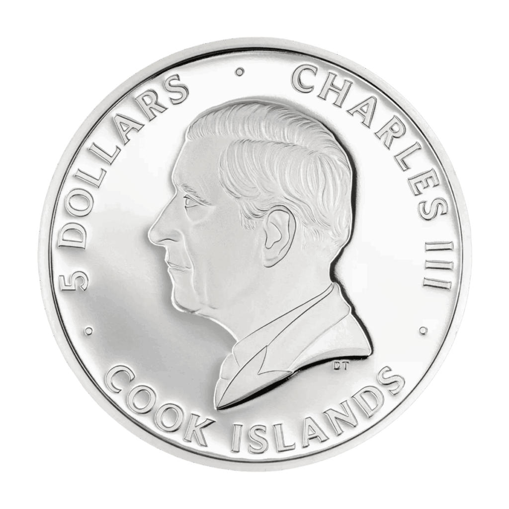 Back of the "Orchid Bionics" Italpreziosi silver collectible coin, Cook Islands 5 dollars. Relief portrait of King Charles III in left-facing profile, with the inscription "Charles III · 5 Dollars · Cook Islands" around the edge.