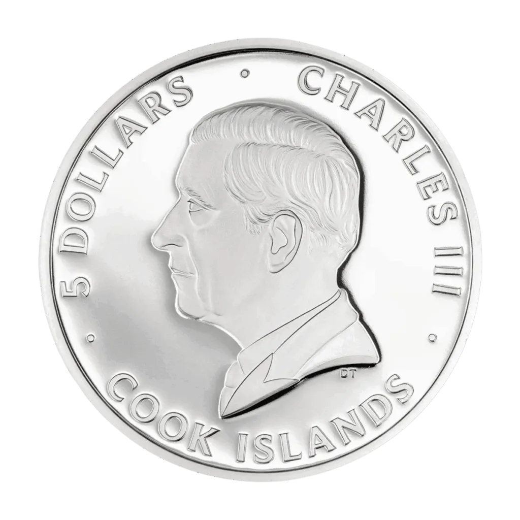 Retro della moneta da collezione "Orchid Bionics" Italpreziosi in argento delle Isole Cook da 5 dollari. Ritratto in rilievo di re Carlo III di profilo verso sinistra, con iscrizione "Charles III · 5 Dollars · Cook Islands" lungo il bordo.
