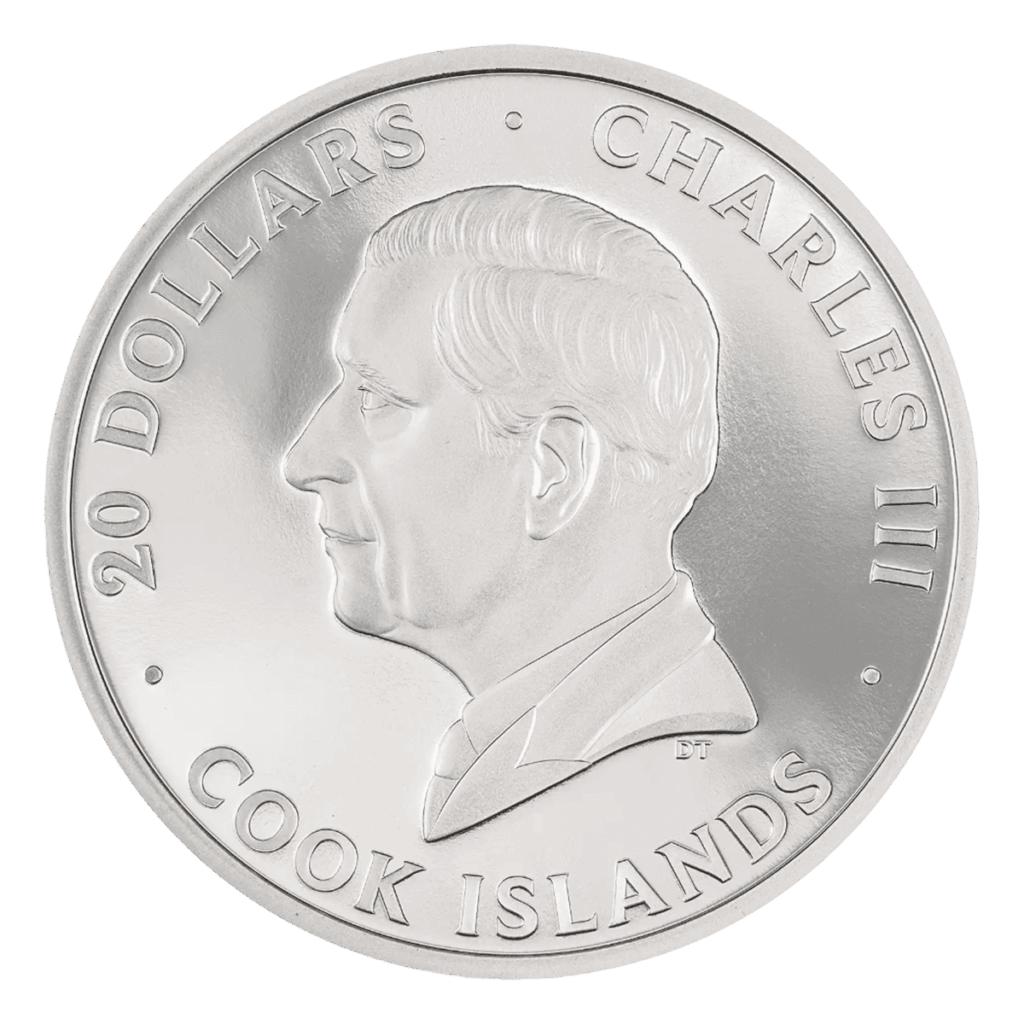 Retro della moneta da collezione "Drago del Tuono" Italpreziosi in argento delle Isole Cook da 20 dollari. Ritratto in rilievo di re Carlo III di profilo verso sinistra, con iscrizione "Charles III · 20 Dollars · Cook Islands" lungo il bordo.