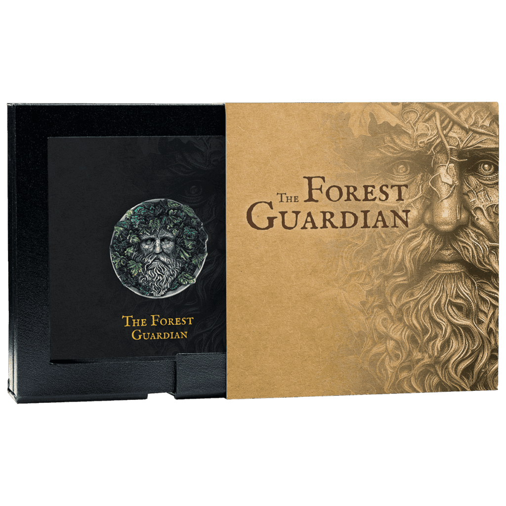 Moneda Guardián del Bosque 2025 en plata presentada en un estuche de colección con marco.