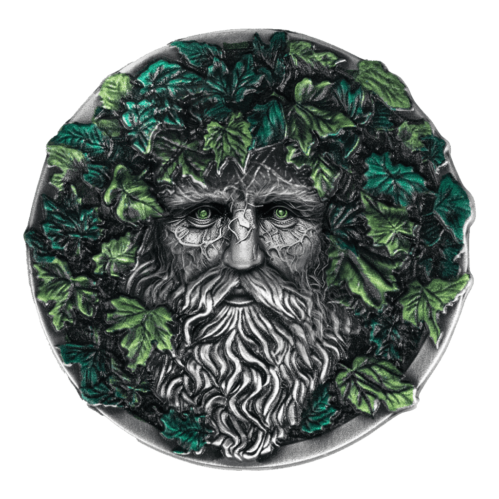 Moneda de plata de 2 oz 2025 que representa el rostro del Guardián del Bosque, rodeado de hojas verdes.