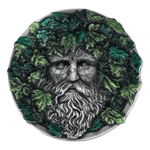 Moneta in argento 2 oz 2025 che raffigura il volto del guardiano della foresta, circondato da foglie verdi.