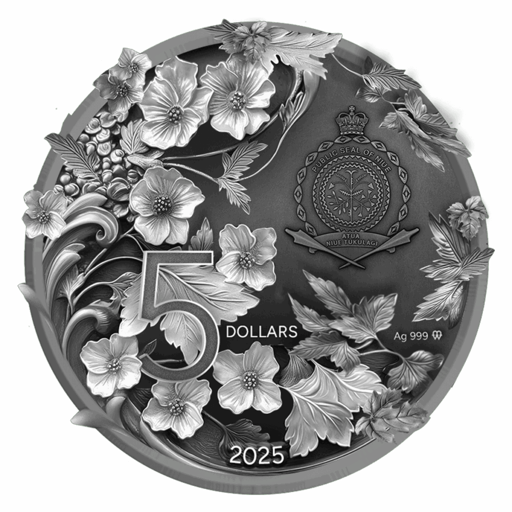 Reverso de la moneda de plata Guardián del Bosque 2025 con la inscripción "5 Dollars". En la parte superior aparece el sello de la República de Niue con una corona encima, una corona de hojas alrededor y motivos vegetales dentro del sello. En la parte inferior está grabado "2025" y a la derecha "Ag 999".