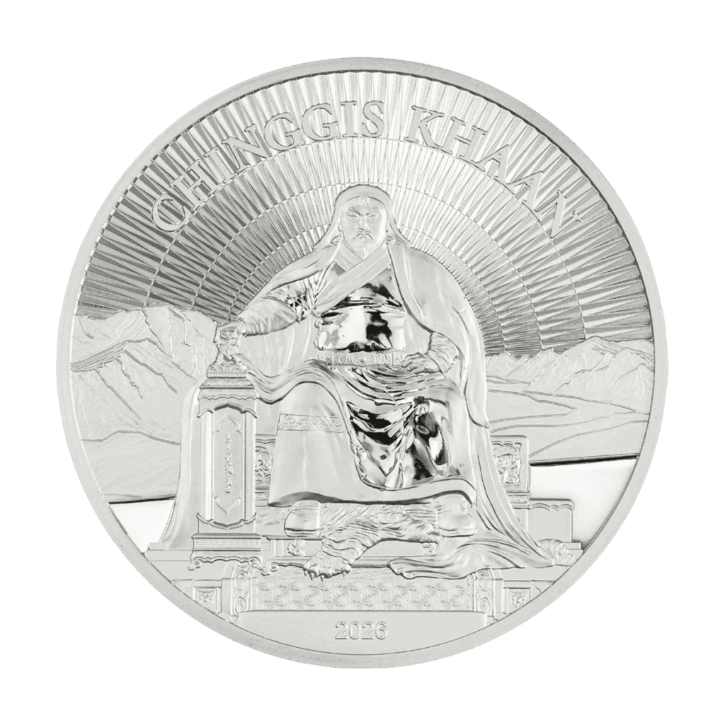 Fronte della moneta da collezione "Gengis Khan" Italpreziosi in argento con incisione ad alto rilievo raffigurante Gengis Khan in trono, avvolto in abiti tradizionali mongoli, con raggi solari che si irradiano alle sue spalle e catena montuosa sullo sfondo. Iscrizione "Chinggis Khaan" in alto. Anno 2026 inciso sul bordo inferiore.