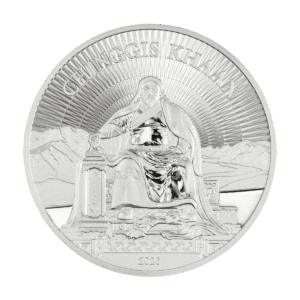 Fronte della moneta da collezione "Gengis Khan" Italpreziosi in argento con incisione ad alto rilievo raffigurante Gengis Khan in trono, avvolto in abiti tradizionali mongoli, con raggi solari che si irradiano alle sue spalle e catena montuosa sullo sfondo. Iscrizione "Chinggis Khaan" in alto. Anno 2026 inciso sul bordo inferiore.