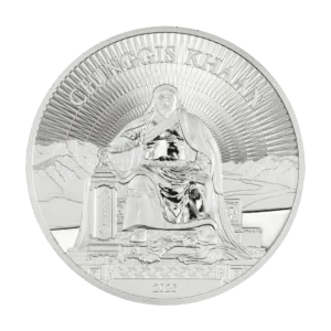 Front of the "Gengis Khan" Italpreziosi silver collectible coin featuring a high-relief engraving of Genghis Khan enthroned, draped in traditional Mongolian robes, with sun rays radiating behind him and a mountain range in the background. "Chinggis Khaan" inscription at the top. The year 2026 is engraved on the lower edge.  
