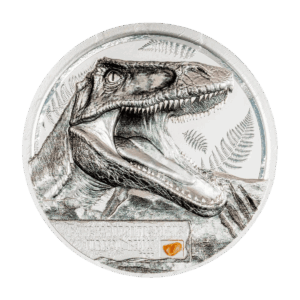 Fronte della moneta da collezione "Jurassic Relics – Carcharodontosaurus" Italpreziosi in argento con incisione ad alto rilievo raffigurante la testa del Carcharodontosaurus a fauci aperte, con felci preistoriche sullo sfondo. In basso, targa con nome della specie. Anno 2026 inciso sul bordo inferiore.