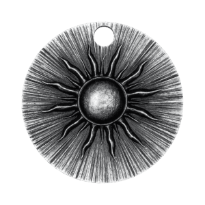 Frente de la moneda de colección "Luminara" Italpreziosi en plata con representación de un sol estilizado en relieve, con esfera central abombada y rayos grabados que irradian hacia el borde. La moneda presenta un orificio circular en la parte superior. 