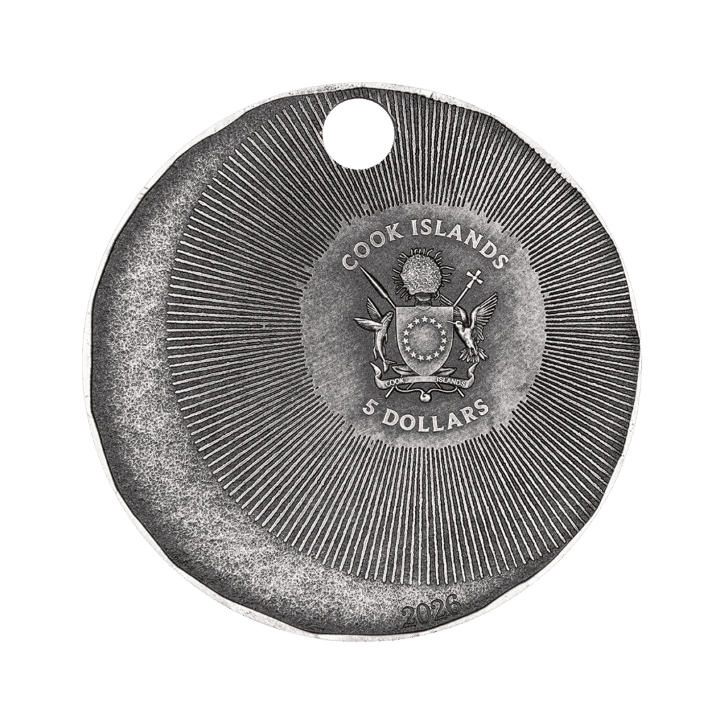 Reverso de la moneda de colección "Luminara" Italpreziosi en plata de las Islas Cook de 5 dólares, año 2026. Escudo de armas de las Islas Cook grabado en el centro con la inscripción "Cook Islands · 5 Dollars · 2026". Rayos lineales que irradian desde el centro. Orificio circular en la parte superior.   