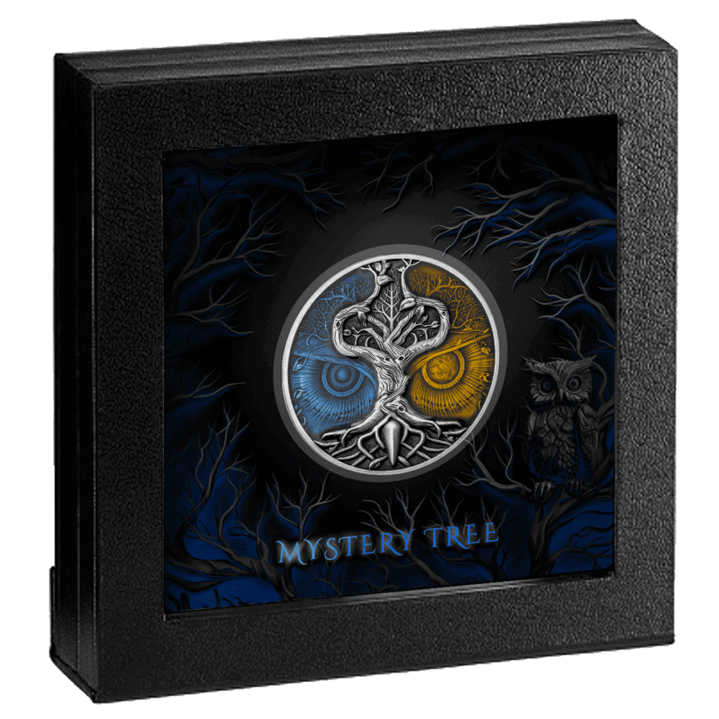 Moneda Árbol Misterioso 2024 en plata presentada en un estuche de colección con marco.