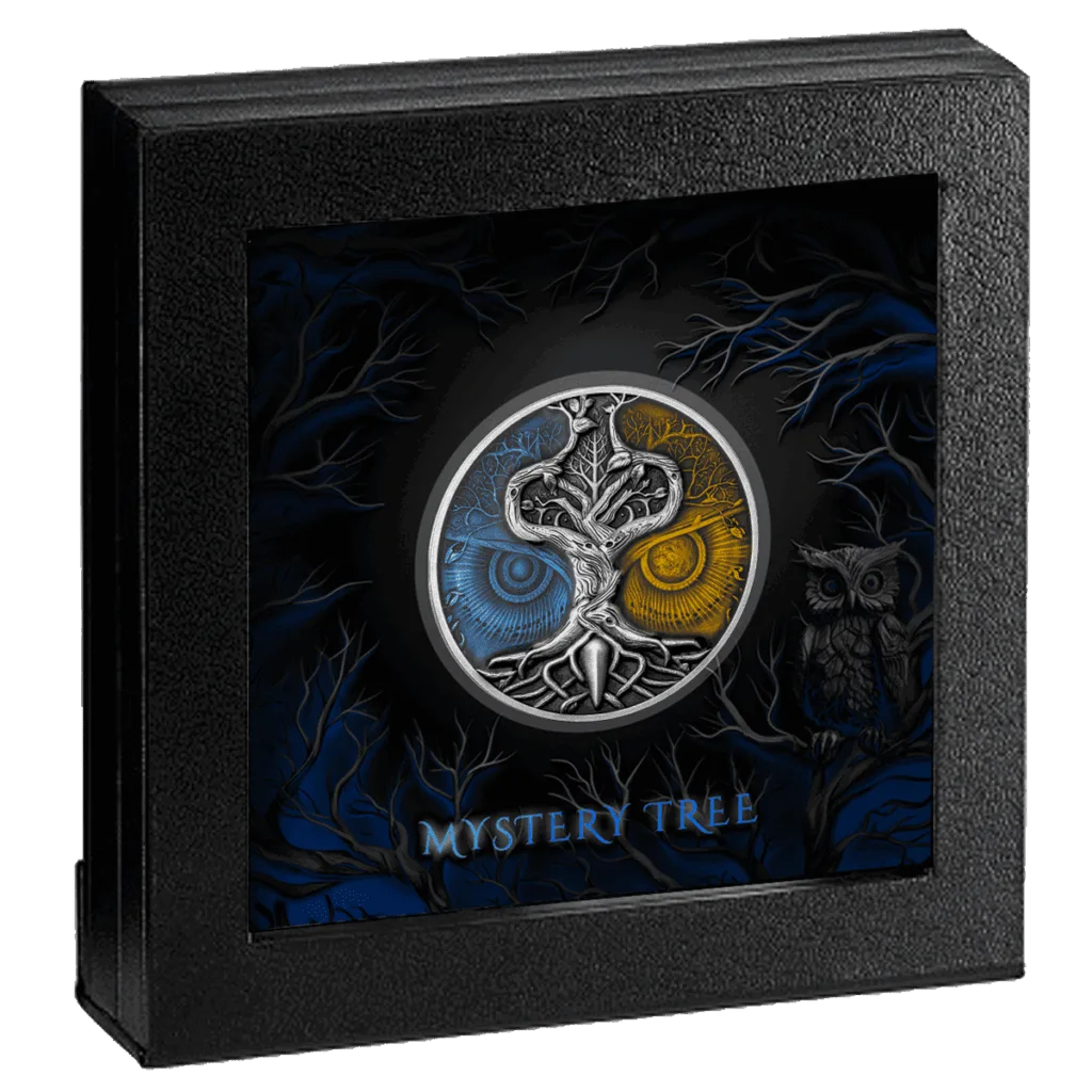 Moneta L'albero misterioso 2024 in argento presentata in confezione da collezione con cornice.