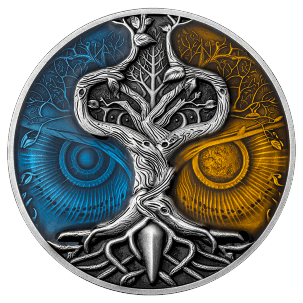 Moneda de plata de 2 oz 2024 que representa el Árbol Misterioso, símbolo de la magia y el misterio de la naturaleza, en primer plano. En el fondo, a los lados, aparecen los ojos de un búho.