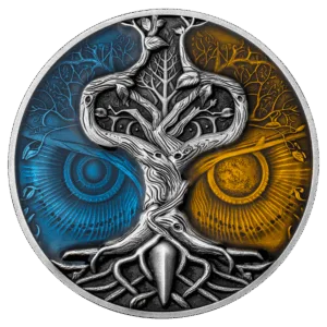 Moneta in argento 2 oz 2024 che raffigura l'albero misterioso, simbolo di magia e mistero della natura, in primo piano. Sullo sfondo ai lati sono raffigurati gli occhi di un gufo.