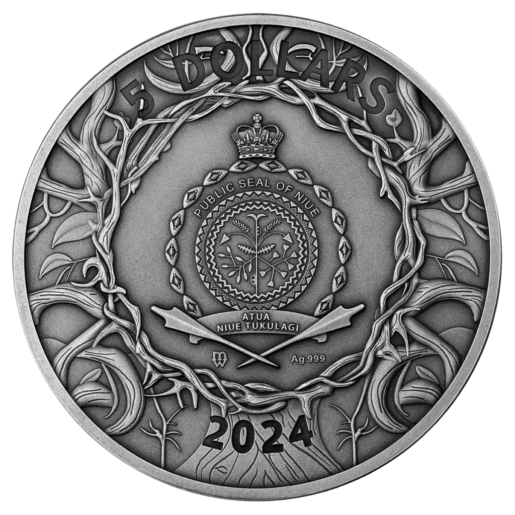 Reverso de la moneda de plata Árbol Misterioso 2024 con la inscripción "5 Dollars" en la parte superior. En el centro aparece el sello de la República de Niue con una corona encima, una corona de hojas alrededor y motivos vegetales dentro del sello. En la parte inferior están grabados ‘Atua Niue Tukulagi’, ‘Ag 999’ y el año 2024.