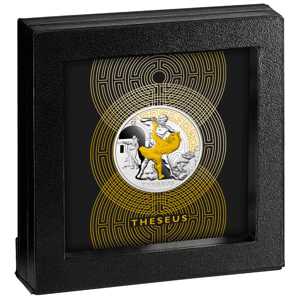 Moneda de plata Teseo 2024 presentada en un estuche de colección con marco.