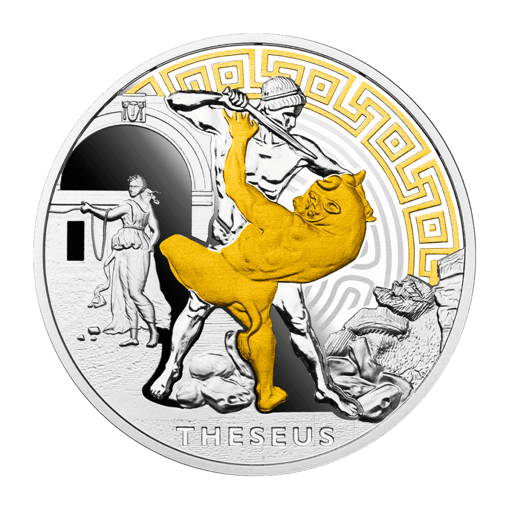 Moneda de plata de 1 oz 2024 que representa a Teseo contra el Minotauro. En el fondo, la figura de Ariadna, quien ayudó a Teseo en su hazaña.
