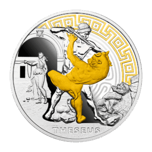 Moneda de plata de 1 oz 2024 que representa a Teseo contra el Minotauro. En el fondo, la figura de Ariadna, quien ayudó a Teseo en su hazaña. 
