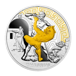 Moneta in argento 1 oz 2024 che raffigura Teseo contro il Minotauro. Sullo sfondo la figura di Arianna che aiutò Teso nell'impresa.
