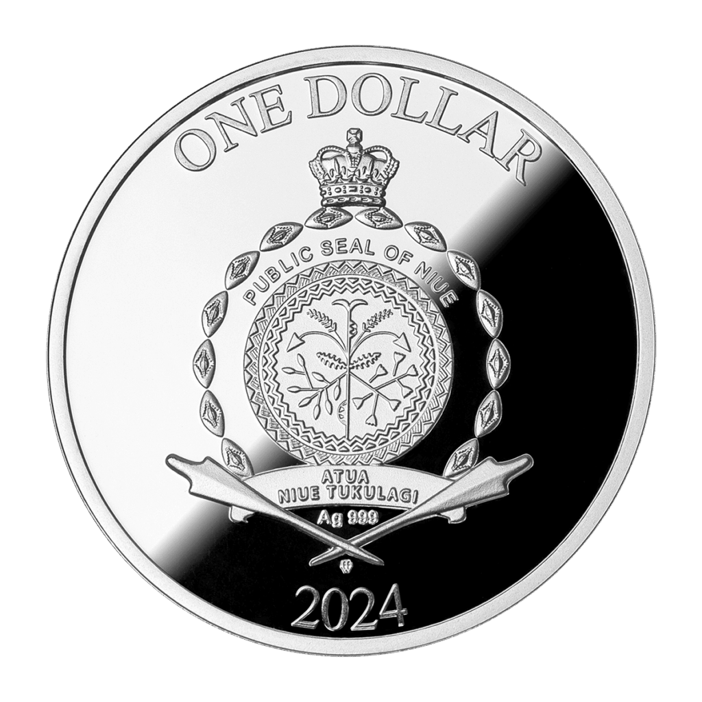 Reverso de la moneda de plata Teseo 2024 con la inscripción "One Dollar" en la parte superior. En el centro aparece el sello de la República de Niue con una corona encima, una corona de hojas alrededor y motivos vegetales dentro del sello. En la parte inferior están grabados "Atua Niue Tukulagi," "Ag 999" y el año 2024.