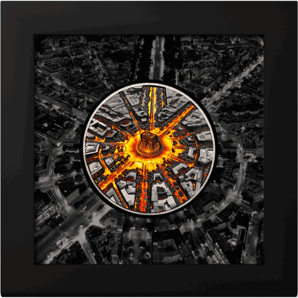 Moneta da collezione "La città di notte – Parigi" in argento 3oz raffigurante l'Arco di Trionfo di Parigi dall'alto presentata in confezione da collezione con cornice.