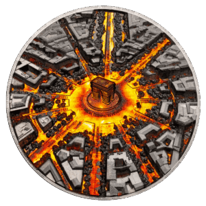 Moneta da collezione "La città di notte – Parigi" Italpreziosi in argento 3oz con incisione dettagliata dell'Arco di Trionfo di Parigi visto dall'alto, al centro di Place de l'Étoile. I boulevard che si irradiano attorno al monumento sono rifiniti con colorazione dorata e arancione che simula le luci notturne della città.