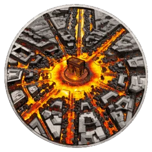 Front of the "City by Night – Paris" Italpreziosi 3oz silver collectible coin featuring a detailed engraving of the Arc de Triomphe in Paris, viewed from above at the center of Place de l'Étoile. The boulevards radiating around the monument are highlighted with golden and orange coloring simulating the city's night lights. 