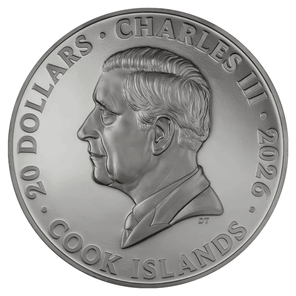 Retro della moneta da collezione "La città di notte – Parigi" Italpreziosi in argento 3oz delle Isole Cook da 20 dollari, anno 2026. Ritratto in rilievo di re Carlo III di profilo verso sinistra, con iscrizione "Charles III · 20 Dollars · 2026 · Cook Islands" lungo il bordo.