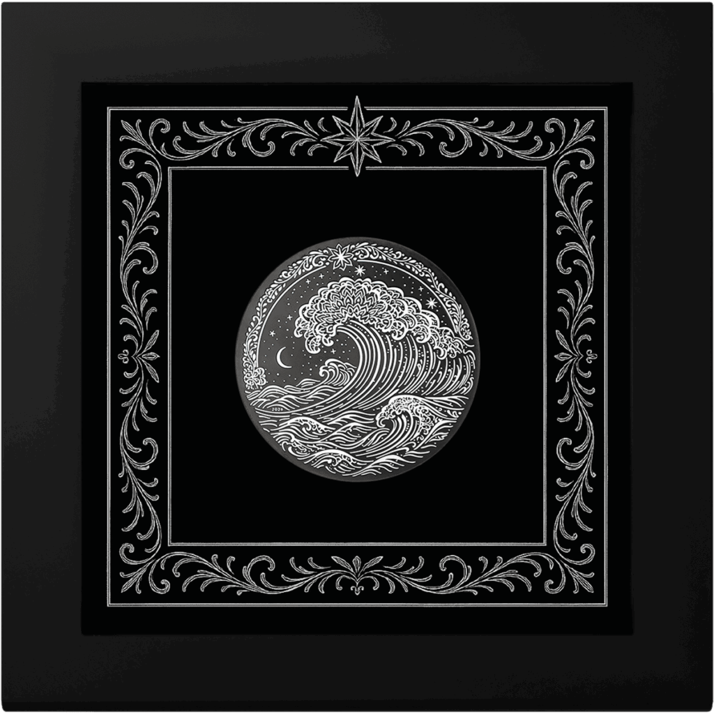 Moneta da collezione "Grande Onda di Kanagawa" Italpreziosi in argento con incisione in stile giapponese raffigurante un'onda oceanica notturna, presentata in confezione da collezione con cornice nera decorata da motivi floreali argentati e stella a sei punte in alto.