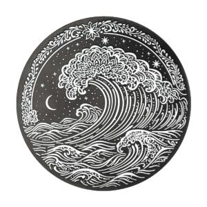 Fronte della moneta da collezione "Grande Onda di Kanagawa" Italpreziosi in argento con incisione in stile illustrativo raffigurante un'onda oceanica in stile giapponese, decorata con motivi floreali e mandala sulla cresta. Sullo sfondo, cielo stellato con luna crescente e cornice di volute vegetali. Anno 2026 inciso sul bordo inferiore.