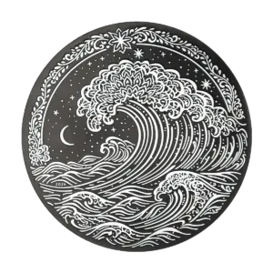 Front of the "Great Wave off Kanagawa" Italpreziosi silver collectible coin featuring an illustrative-style engraving of a Japanese-style ocean wave decorated with floral motifs and a mandala on the crest. In the background, a starry sky with a crescent moon and a border of floral scrolls. The year 2026 is engraved on the lower edge.  