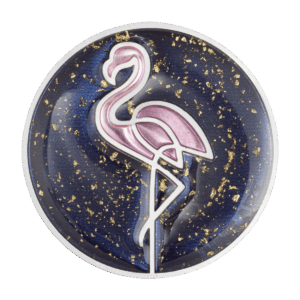 Fronte della moneta d'argento 1 oz "Line Art Fenicottero" 2026 di Italpreziosi: disco circolare con bordo in argento lucido e campo blu notte con scaglie dorate. Al centro, un fenicottero in stile line art con corpo rosa metallizzato e contorno bianco, in posa elegante su una zampa.