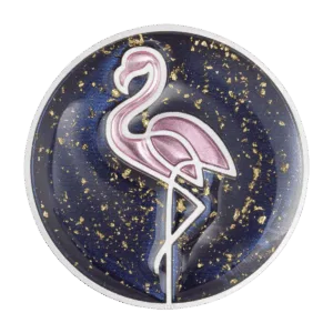 Obverse of the 1 oz silver coin "Line Art Flamingo" 2026 by Italpreziosi: circular disc with a polished silver rim and a midnight blue field with golden flakes. At the center, a flamingo in line art style with a metallic pink body and white outline, posed elegantly on one leg. 
