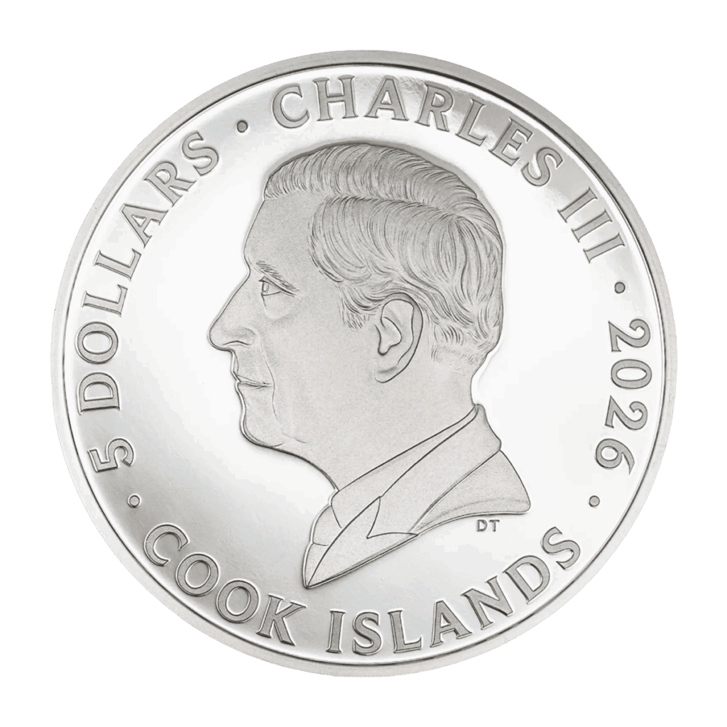 Retro della moneta d'argento 1 oz "Sette Peccati Capitali – Superbia" 2026: dritto proof con il ritratto in rilievo di Re Carlo III rivolto a sinistra. La legenda circolare riporta "5 DOLLARS · CHARLES III · 2026 · COOK ISLANDS", con le iniziali dell'incisore DT sotto il busto. Finitura specchio su fondo lucido.