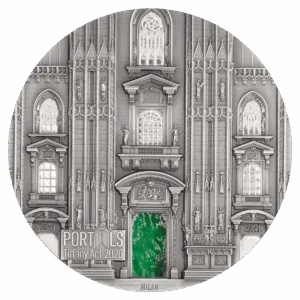 Obverse of the 3 oz silver coin "Tiffany Art Portals – Milan" 2026 by Italpreziosi: high-relief antique-finish engraving depicting the façade of Milan Cathedral with Gothic spires, statues, rose windows and decorated portals. The central portal features an emerald green Tiffany glass insert. Bottom left shows the "Portals Tiffany Art 2026" logo and the inscription "MILAN".  