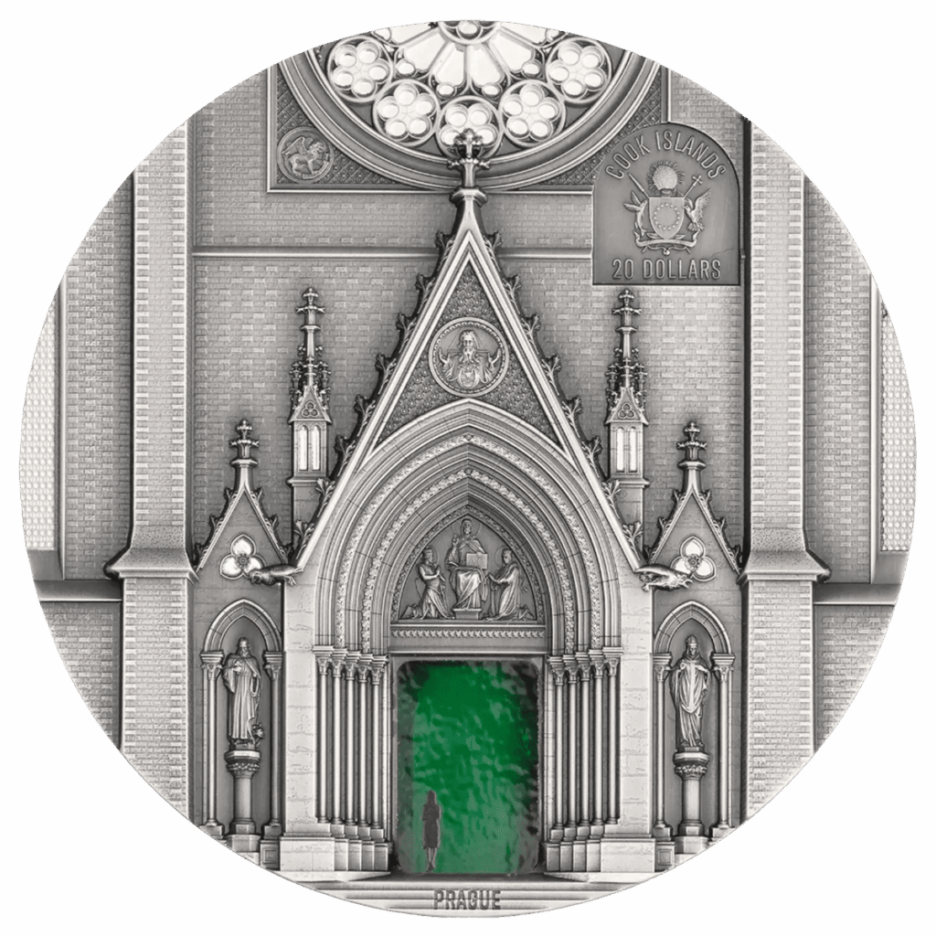 Retro della moneta d'argento 3 oz "Tiffany Art Portals – Prague" 2026: incisione antichizzata ad alto rilievo raffigurante il portale gotico di una cattedrale di Praga, con timpano triangolare decorato, statue di santi nelle nicchie laterali, rosone superiore e inserto in vetro Tiffany verde smeraldo nel vano del portale, con la silhouette di una figura umana. In alto a destra lo stemma delle Cook Islands e la denominazione "20 DOLLARS". In basso la scritta "PRAGUE".