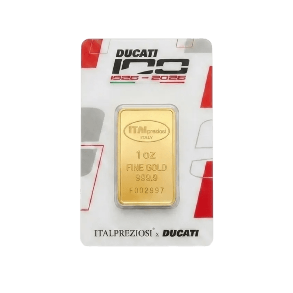 Lingotto d'oro da 1 oncia edizione Ducati 100 anni, sigillato nel blister con grafica celebrativa