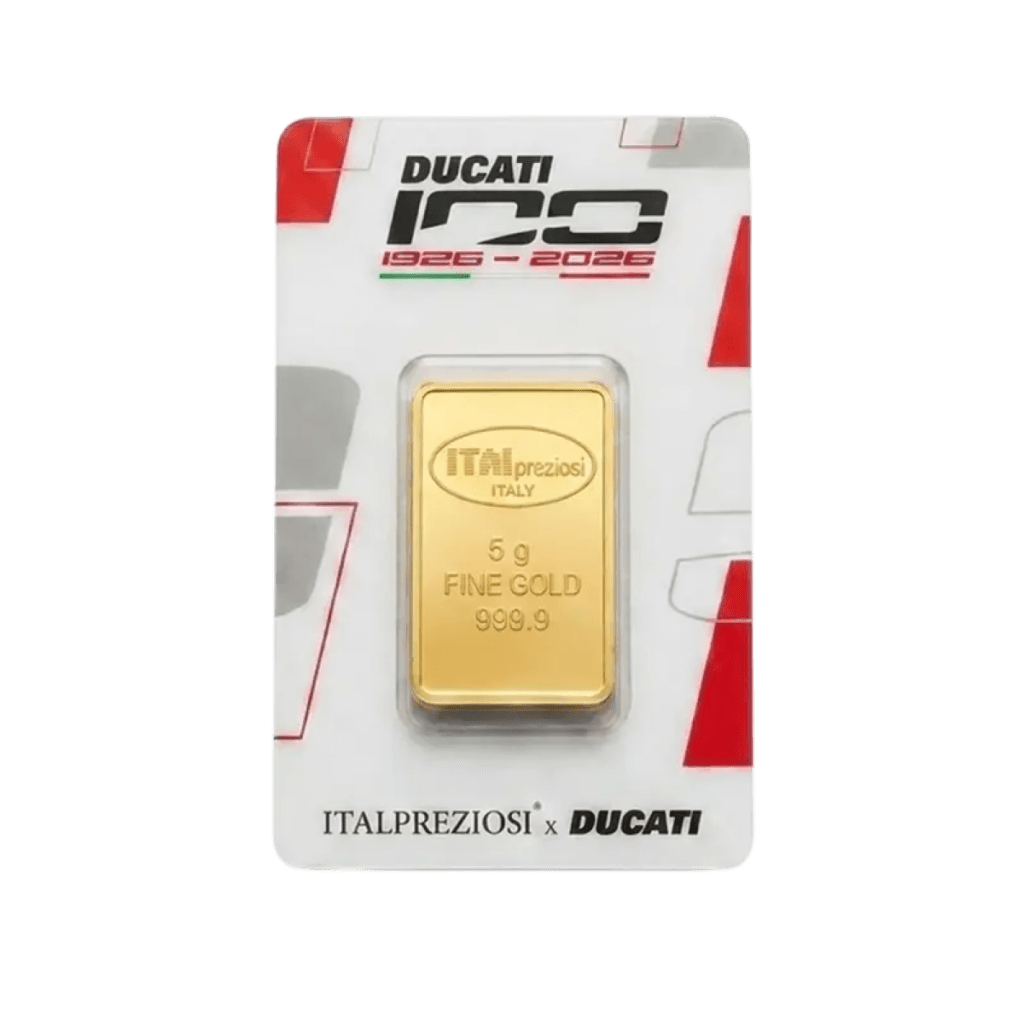 Lingotto d'oro da 5 grammi edizione Ducati 100 anni, sigillato nel blister con grafica celebrativa