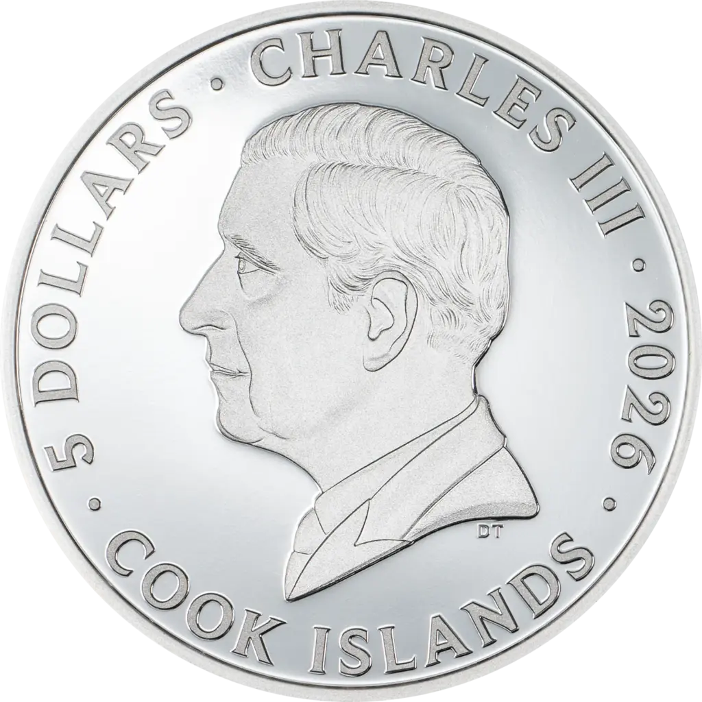 Dritto della moneta Seven Deadly Sins - Accidia 1 oz argento: effigie di profilo di re Carlo III su fondo a specchio, con le iscrizioni 5 DOLLARS, CHARLES III, 2026 e COOK ISLANDS lungo il bordo.