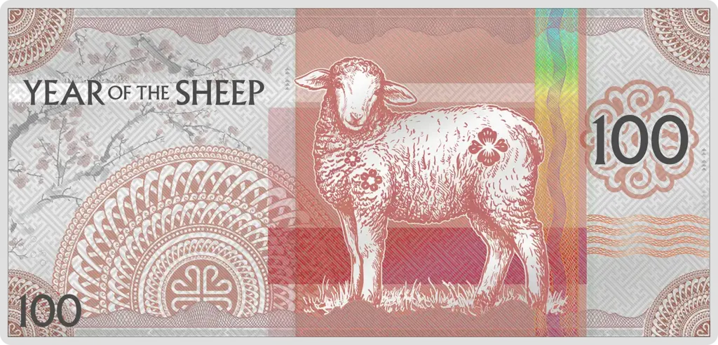 Banconota d'argento Anno della Pecora 2027 da 5 g: agnello colorato in rosso su fondo argento, tra rami di ciliegio in fiore, rosoni decorativi mongoli e una banda iridescente, accanto alla scritta YEAR OF THE SHEEP e al valore 100.