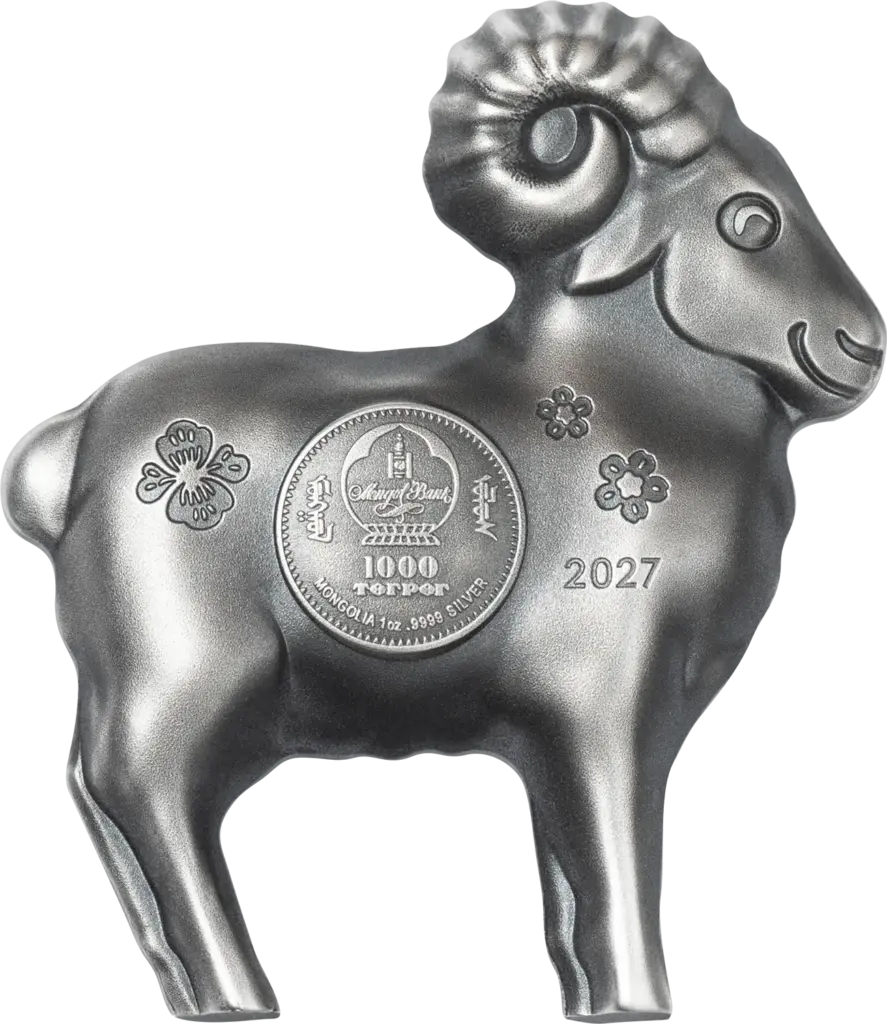 Lato opposto della moneta sagomata Fluffy Silver Sheep 2027 in argento: sul fianco della pecora e impresso il medaglione della Mongol Bank con 1000 Togrog, MONGOLIA 1 oz .9999 SILVER e l'anno 2027.