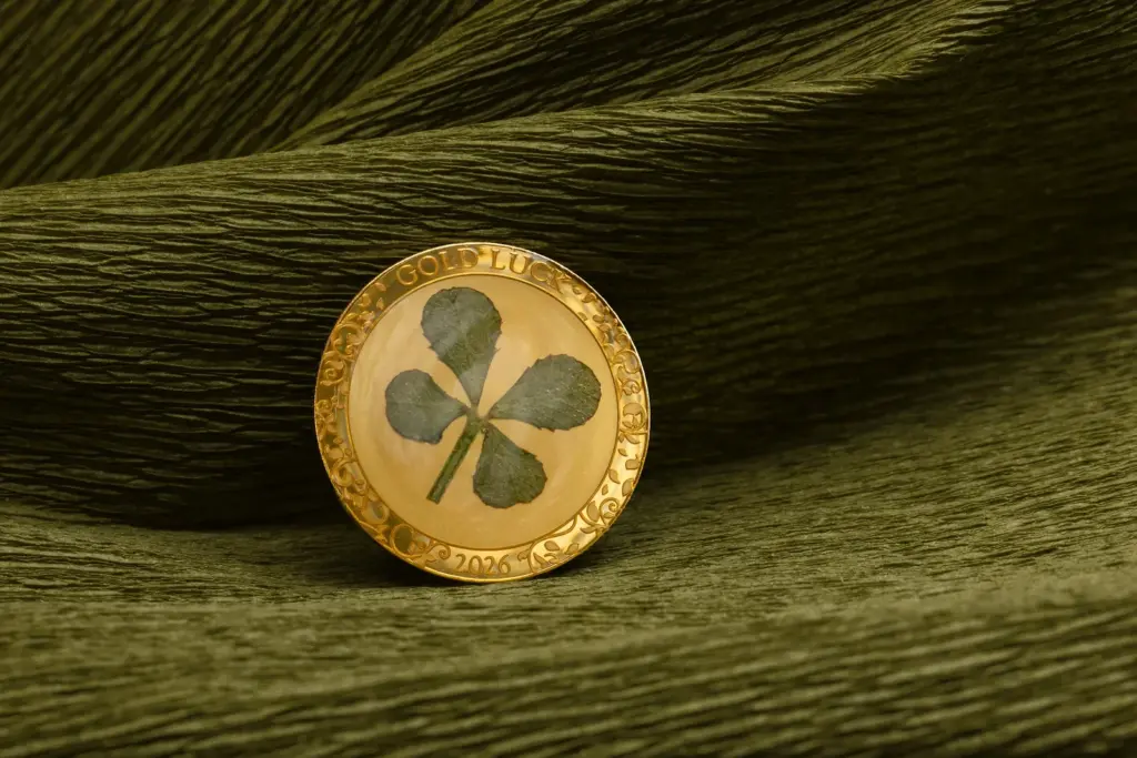 Moneta Gold Luck 2026 in oro con quadrifoglio vero integrato, in piedi su un drappo di carta verde oliva che ne esalta il riflesso dorato.