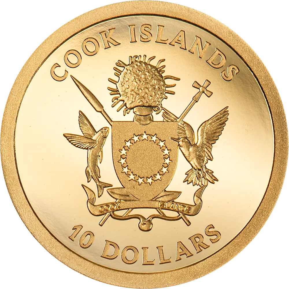 Dritto della moneta Gold Luck 2026 in oro: stemma delle Isole Cook con scudo a quindici stelle, uccelli, lancia e croce, tra le iscrizioni COOK ISLANDS e 10 DOLLARS.