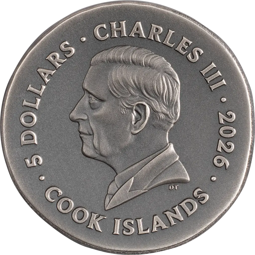 Dritto della moneta Numismatic Icons - Krios 1 oz argento con finitura anticata: effigie di profilo di re Carlo III e le iscrizioni 5 DOLLARS, CHARLES III, 2026 e COOK ISLANDS.