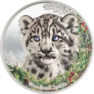 La moneta Woodland Spirits - Leopardo delle Nevi da 1 oz in argento 999.9 proof mostra il muso di un cucciolo di leopardo delle nevi dagli occhi azzurri, circondato da rami di agrifoglio e bacche rosse colorati, con la scritta Woodland Spirits e l'anno 2026.