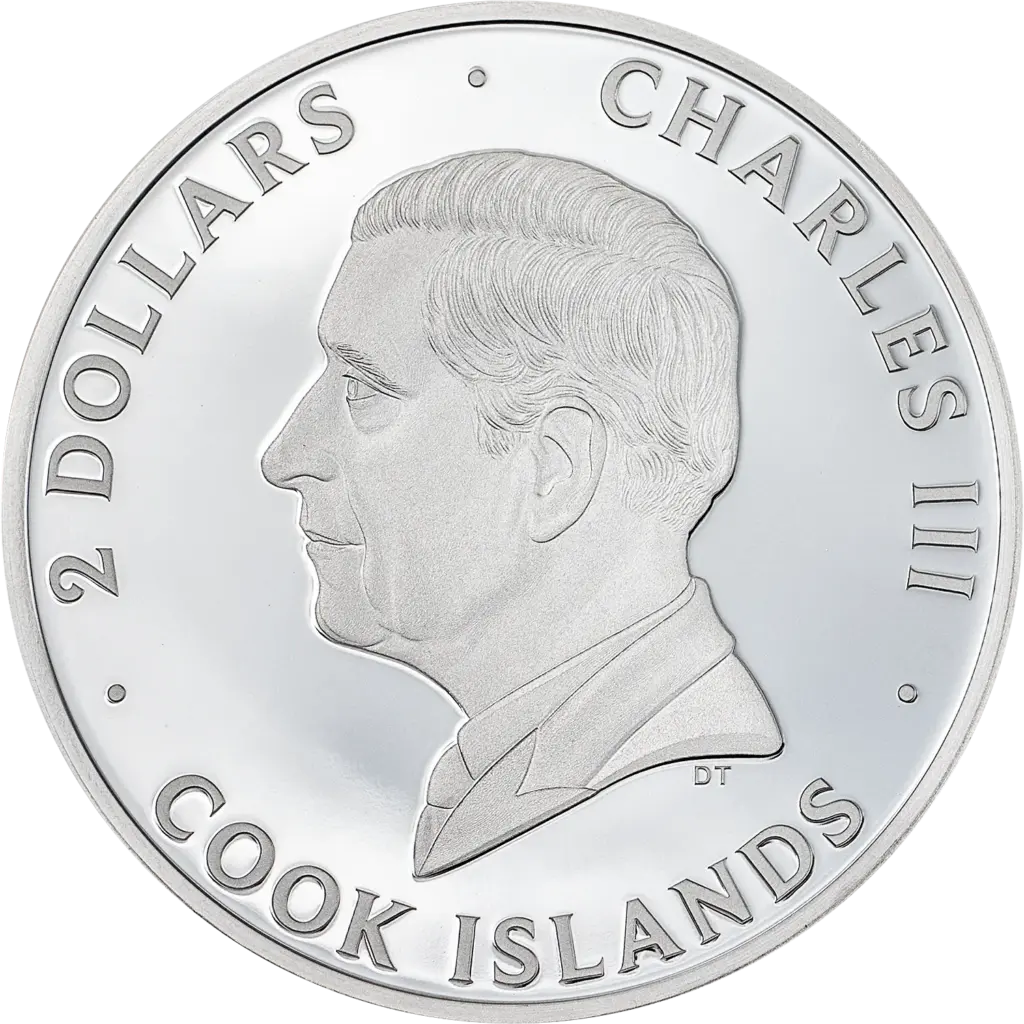 Dritto della moneta World Landmarks - Monte Rushmore 1/2 oz argento: effigie di profilo di re Carlo III su fondo a specchio, con le iscrizioni 2 DOLLARS, CHARLES III, 2026 e COOK ISLANDS.