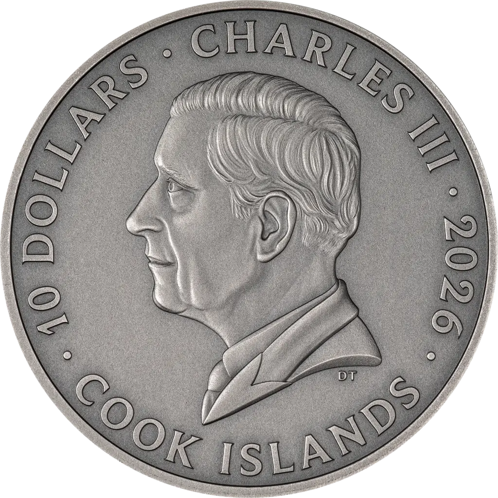 Dritto della moneta Golden Landscapes - Scottish Highlands 2 oz argento con finitura anticata: effigie di profilo di re Carlo III con le iscrizioni 10 DOLLARS, CHARLES III, 2026 e COOK ISLANDS.