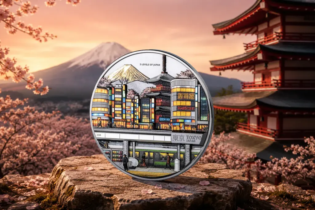 Moneta 3 Levels of Japan appoggiata su una roccia davanti al monte Fuji, a una pagoda e ai ciliegi in fiore al tramonto.