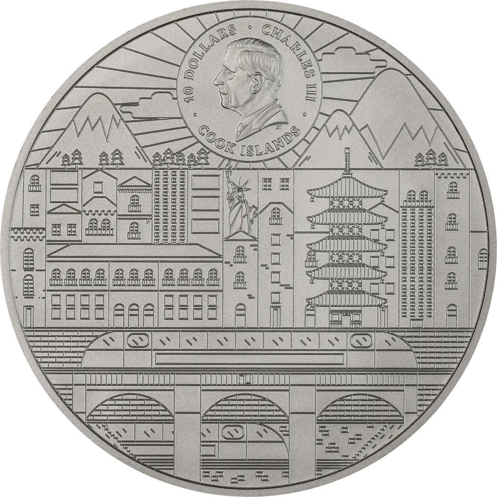 Dritto della moneta 3 Levels of Japan: uno skyline disegnato a linee con montagne, una pagoda, una piccola Statua della Libertà e un treno su un viadotto ad archi, sotto l'effigie di Carlo III con le scritte 10 DOLLARS, CHARLES III e COOK ISLANDS.
