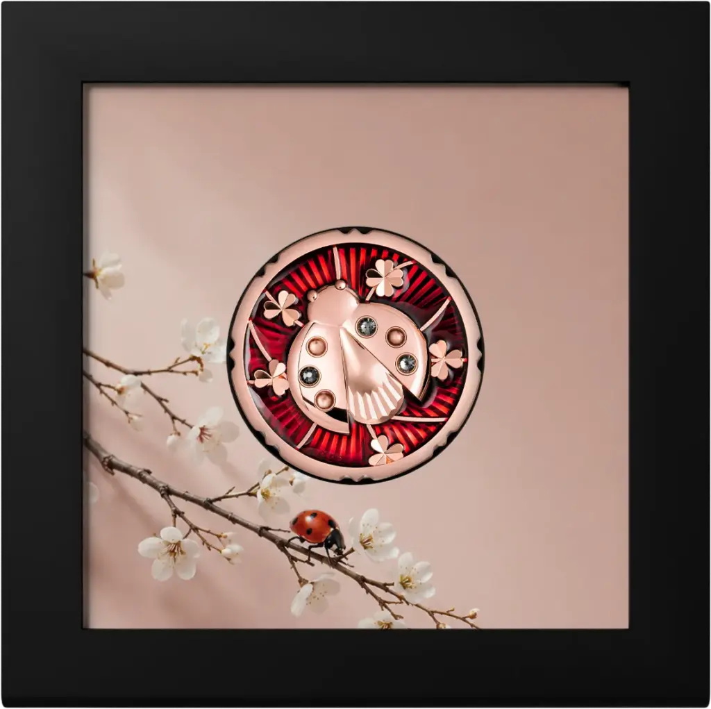 Moneta Evergreen - Coccinella nella cornice espositiva nera con uno sfondo rosa, un ramo di ciliegio in fiore e una coccinella, inclusa nella confezione.